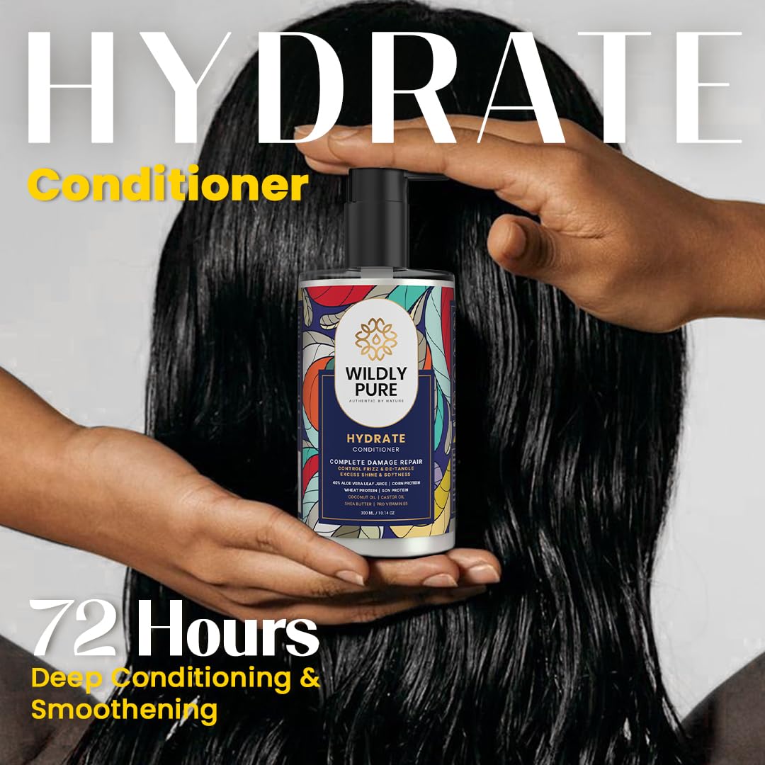 Wildly Pure Natural Conditioner for Dry & Frizzy Hair| Deep Conditioning & Smoothening| Natural Biolipid Complex for 72 Hours of Smoothening | 70% Frizz Reduction in One wash| Strenthinening & Repair for Damaged Hair| Men & Women| 300mL (Hydrate)