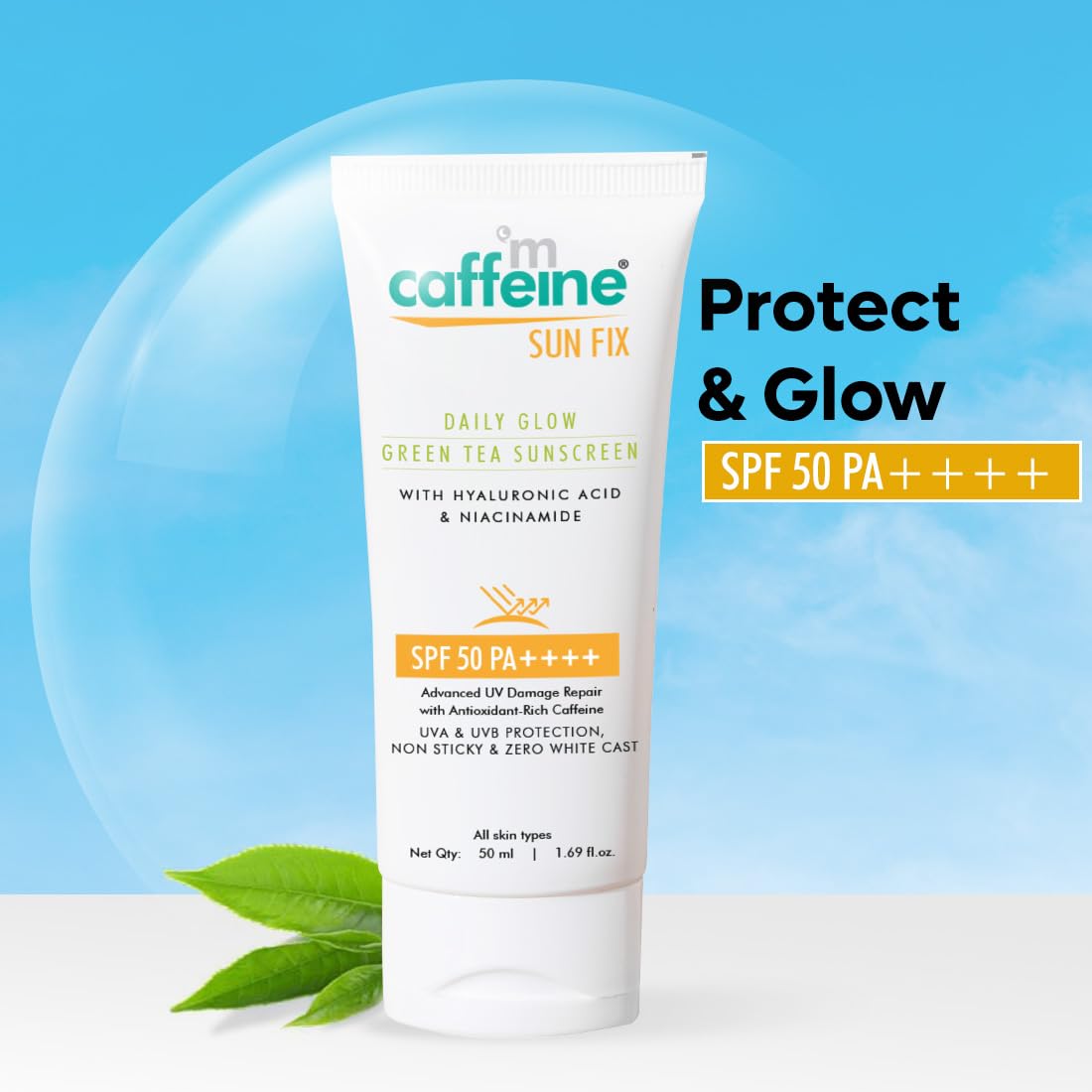 mCaffeine Niacinamide and Hyaluronic Acid Sunscreen SPF 50++ for Oily Skin | Mattifying, Zero White Care, Water Resistant & Non Sticky Sunscreen for Women & Men | Prevents Tan & UV Damage - 50ml