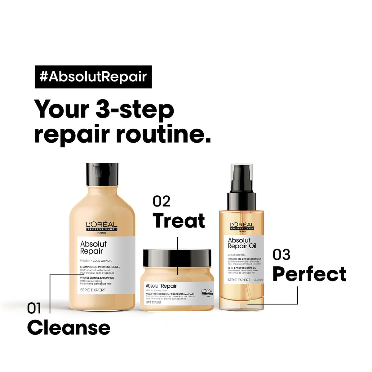 L'Oréal Professionnel Absolut Repair Shampoo With Protein And Gold Quinoa For Dry And Damaged Hair, Serie Expert, 300Ml