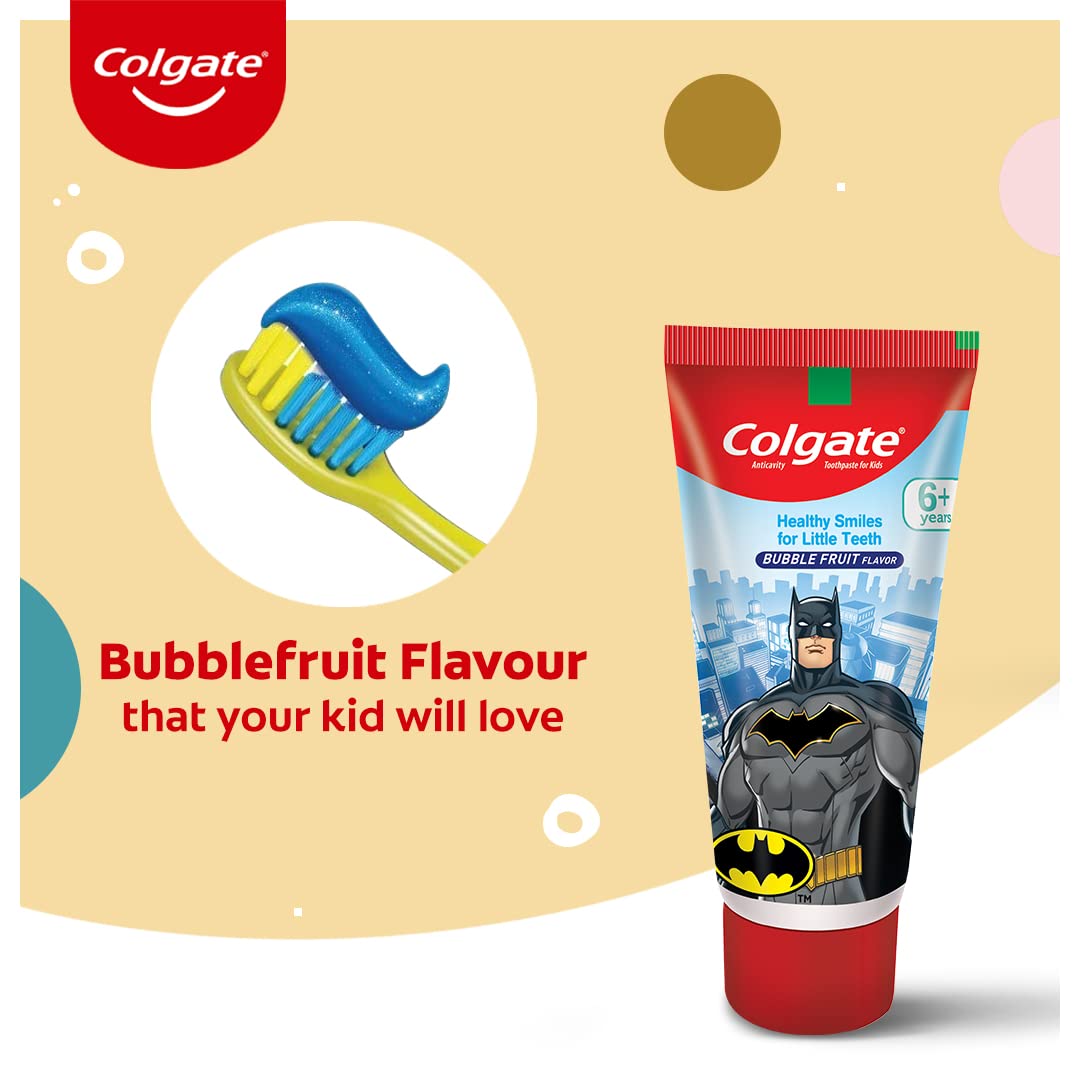 Colgate Kids Toothpaste For 6+ Years, Batman, Bubble Fruit Flavour, Gentle Protection, Enamel Protection Tooth Paste With 50% Lesser Abrasive Formula For Protecting Against Cavities, 80 Gram