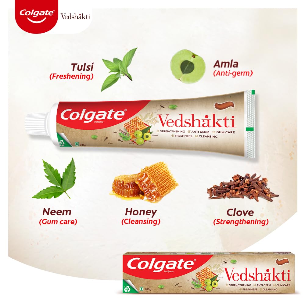 Colgate Vedshakti Toothpaste, Anti-Bacterial Tooth Paste for Whole Mouth Health and Fresh Breath, With Neem, Clove, and Honey, 400g, 200g X 2 (Combo Pack Offer)