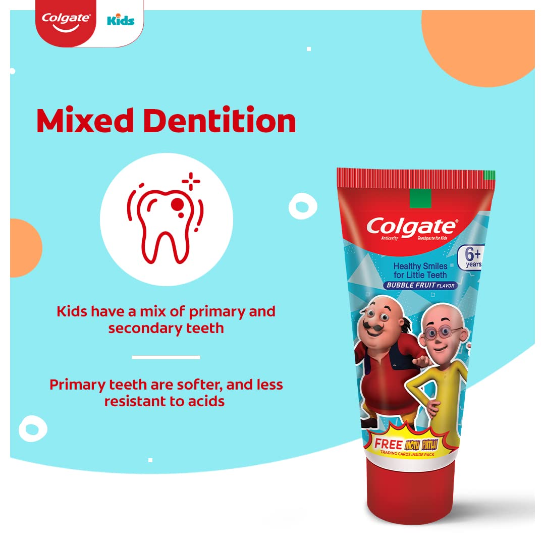 Colgate Kids Toothpaste For 6+ Years, Motu Patlu, Bubble Fruit Flavour, Gentle Protection Tooth Paste With 50% Lesser Abrasive Formula For Protecting Against Cavities, Enamel Protection, 80G