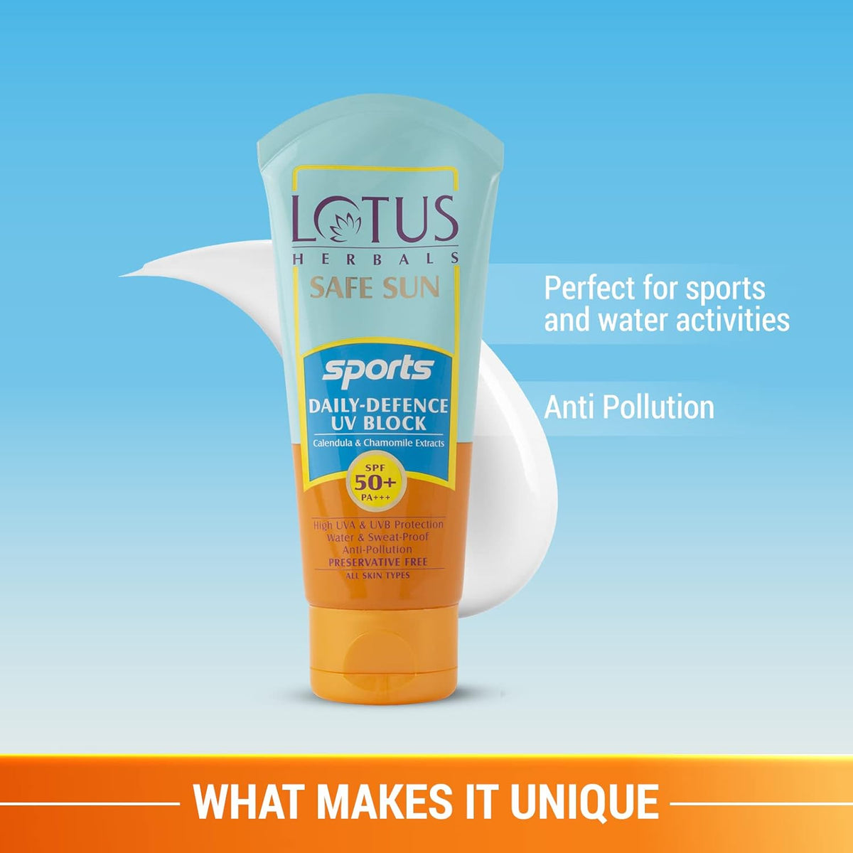 Lotus Herbals Safe Sun Sports Daily-Defence Sunblock | SPF 50 | PA+++ | Preservative Free | Anti-Pollution | 80g