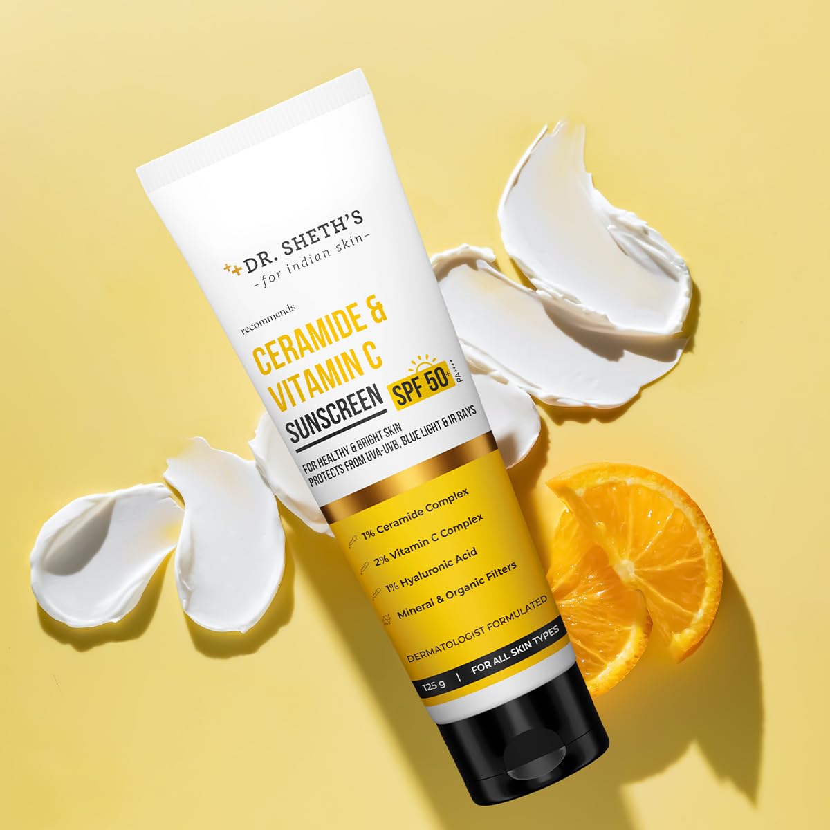 Dr. Sheth’s Ceramide & Vitamin C Sunscreen SPF 50+ PA++++|One-step Routine For Healthy & Bright Skin| NON-STICKY|NO WHITE CASTINon-Greasy, Quick-Absorbing|For Women & Men|UVA UVB Sun Protection|125g