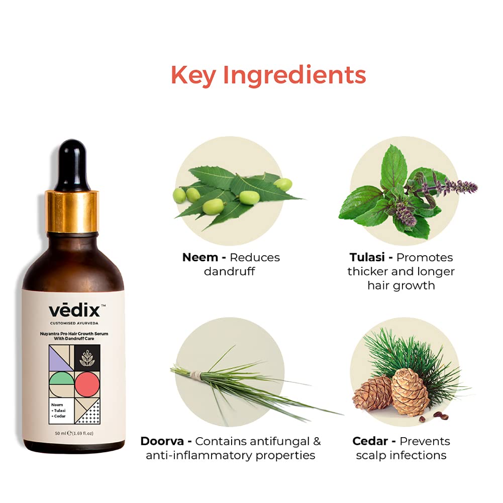 Vedix Hair Serum, Nuyantra Pro Hair Growth Serum Dandruff Care, Customized Ayurvedic Hair Serum For Women & Men With Neem, Tulasi & Cedar - 50 ml