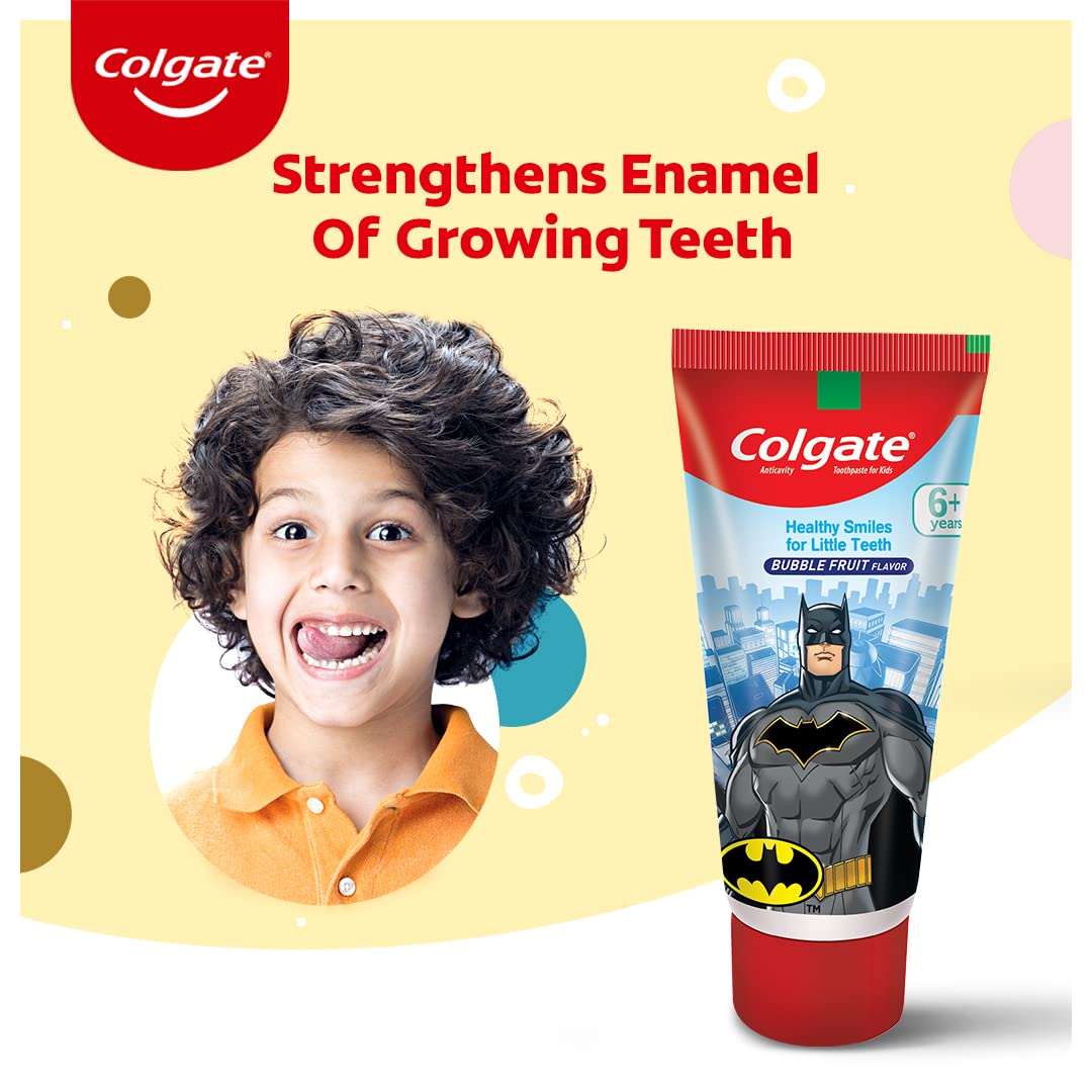 Colgate Kids Toothpaste For 6+ Years, Batman, Bubble Fruit Flavour, Gentle Protection, Enamel Protection Tooth Paste With 50% Lesser Abrasive Formula For Protecting Against Cavities, 80 Gram