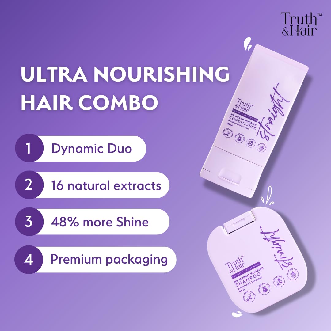 TRUTH & HAIR Hydro Nourish Conditioner for Straight Hair (120ml) | With Aloevera Powder, Hyaluronic Acid, Collagen, Argan & Almond Oil | SLS & Paraben free | Dermat Approved | Improves hair softness