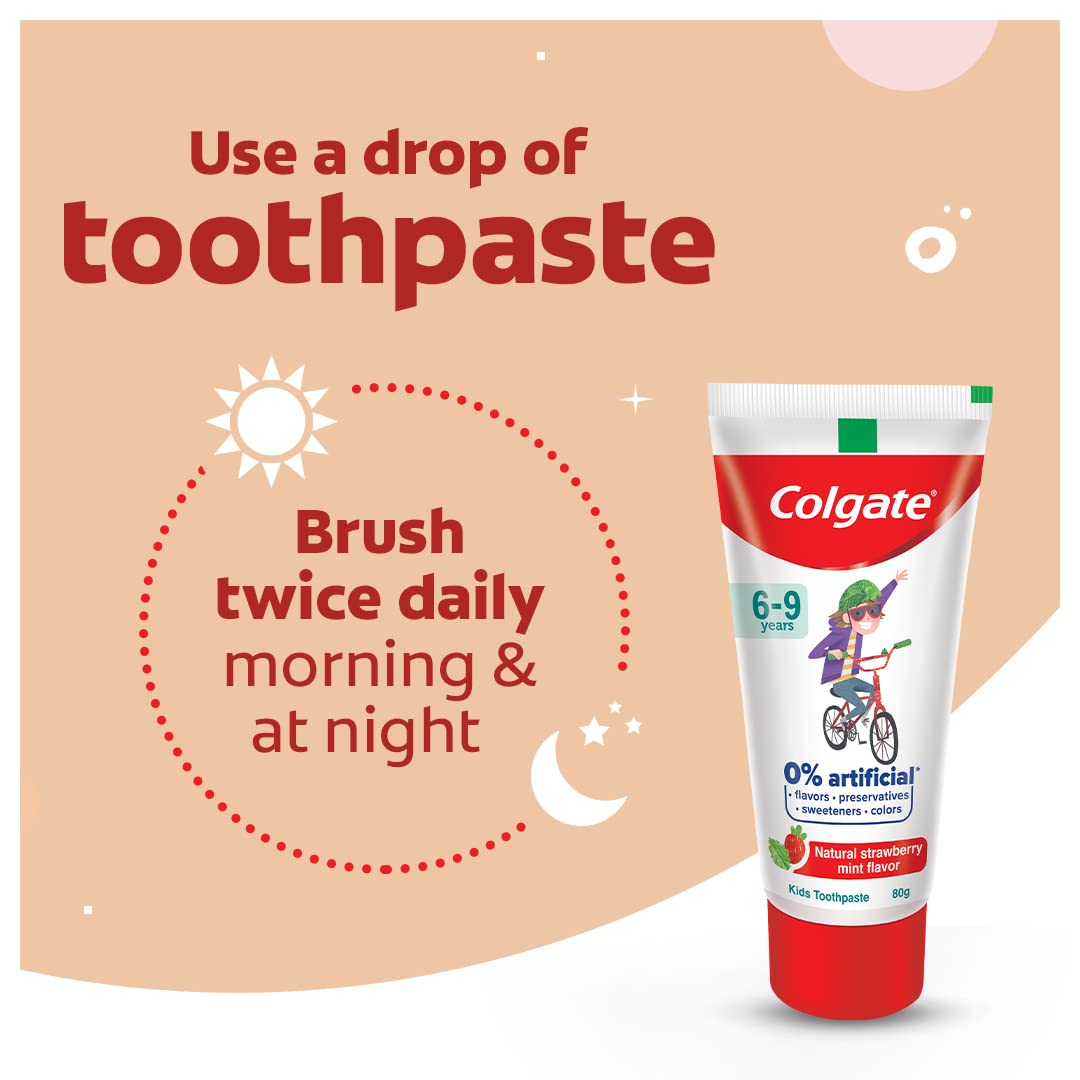 Colgate Toothpaste Enamel Protection For Kids (6-9 Years), Natural Strawberry Mint Flavour Tooth Paste, With 0% Artificial Flavors, Preservatives, Sweeteners & Colors - 80G Tube