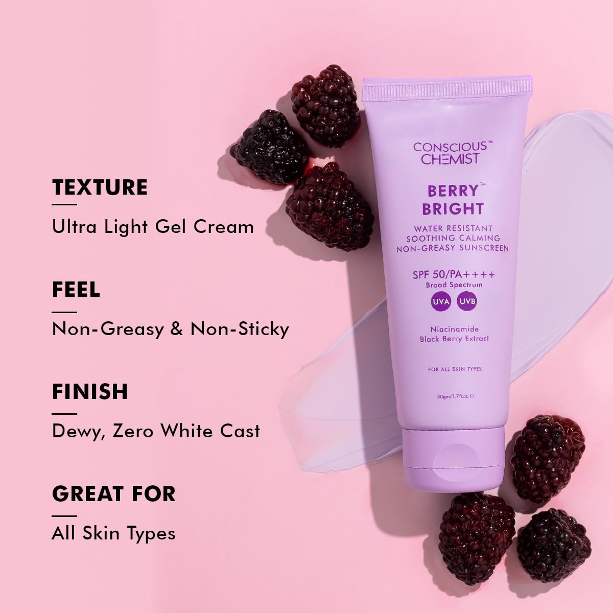 Hybrid Lightweight Gel Sunscreen SPF 50 PA ++++ with Water Resistant, Niacinamide, Black Berry Extract | Non-Greasy, No White-Cast | All Skin Types, Cruelty Free | 50 g