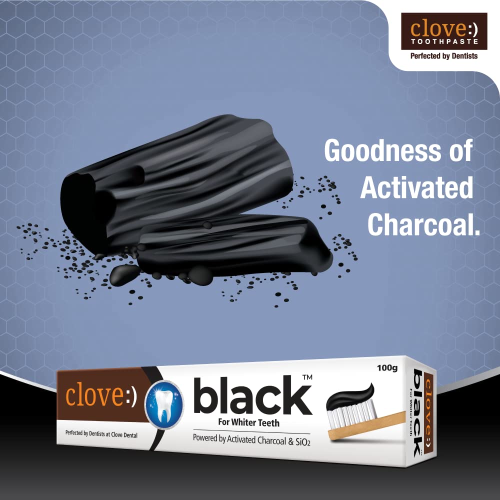 Clove Black Toothpaste for Whiter Teeth powered by Activated Charcoal & SiO2. Formulated by dental experts- 200gms (100gm*2) Combo Pack