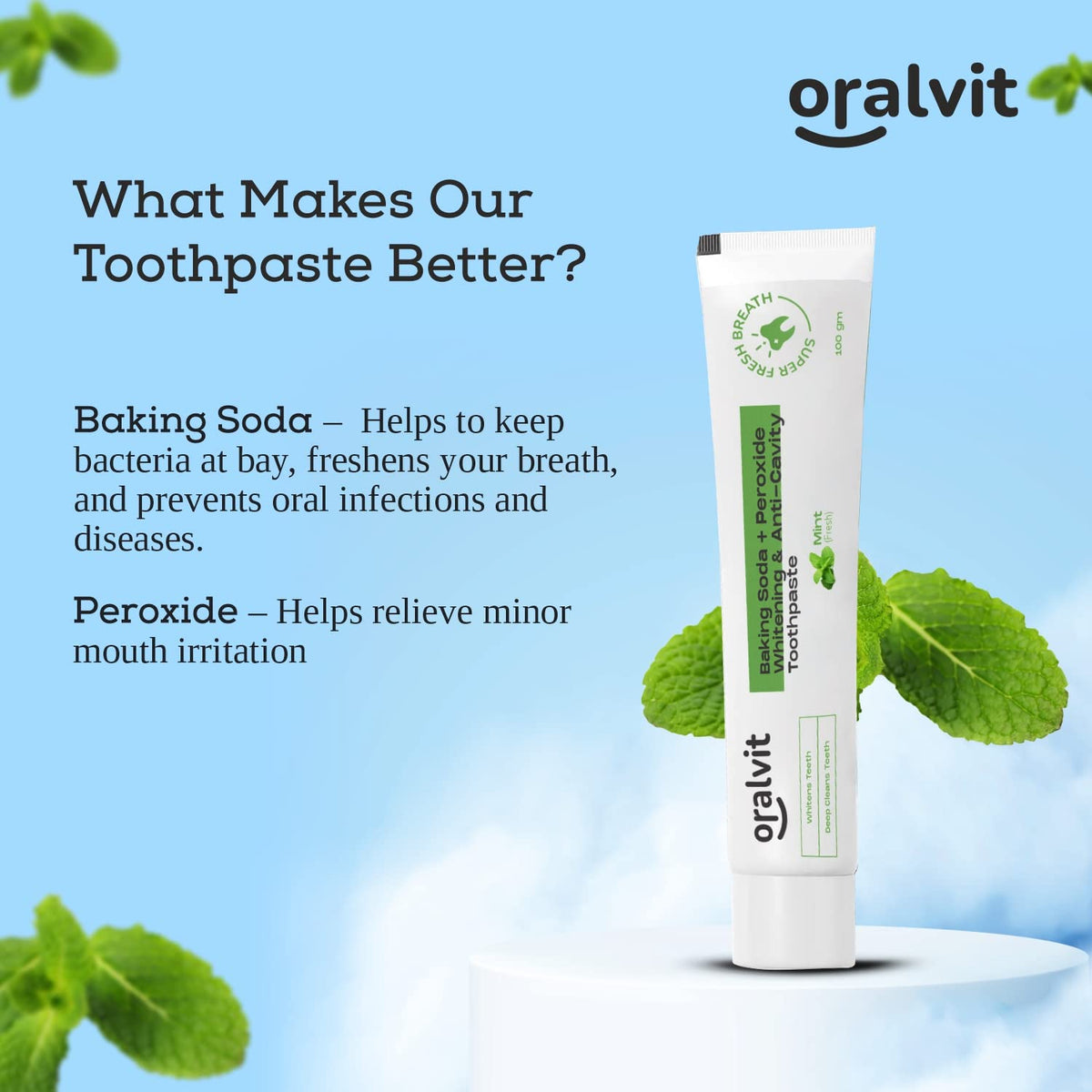 Oralvit Baking Soda and Peroxide Toothpaste for Whitening & Anti-Cavity | Toothpaste with Fresh Mint | Deep Cleanse |Super Fresh Breath | Extreme Whitening– 100gm Mint Flavour