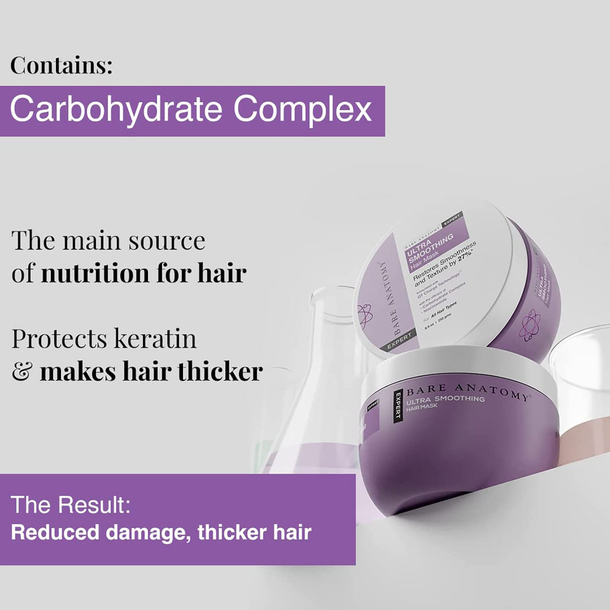 Bare Anatomy Ultra Smoothing Hair Mask For Dry & Frizzy Hair | Restores Smoothness & Texture by 27% | Powered By Carbohydrate Complex & Niacinamide | For Women & Men | SLS & Paraben Free | 250gm