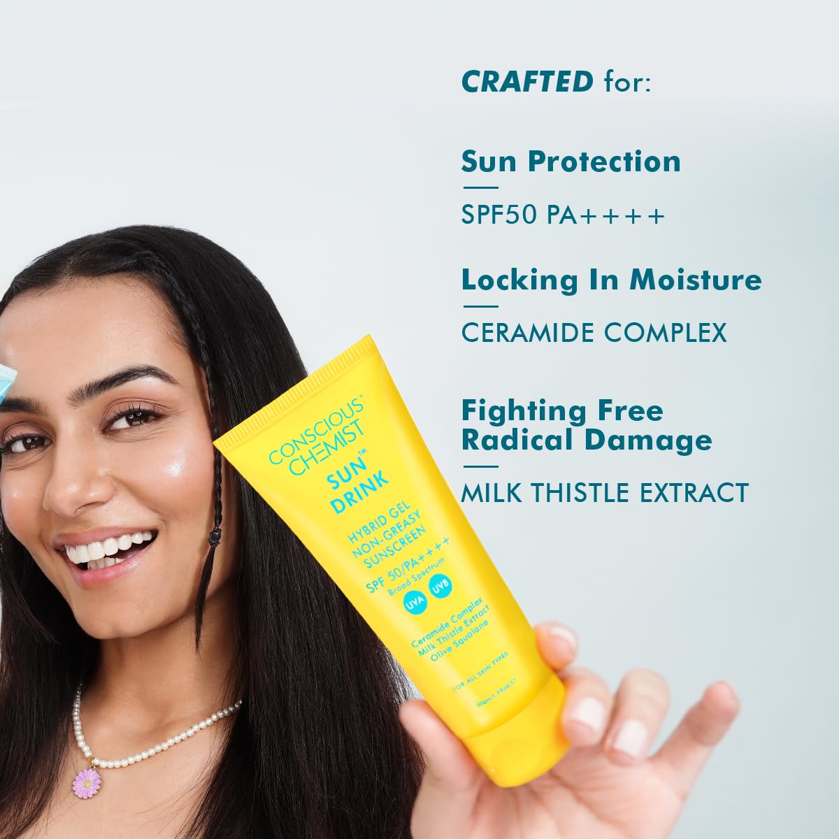 Sun Drink Hybrid Lightweight Gel Sunscreen SPF50 PA++++ UVA/UVB | With Ceramides & Milk Thistle Extract | For Men & Women | All Skin Types | No White Cast | Fragrance Free | 50g