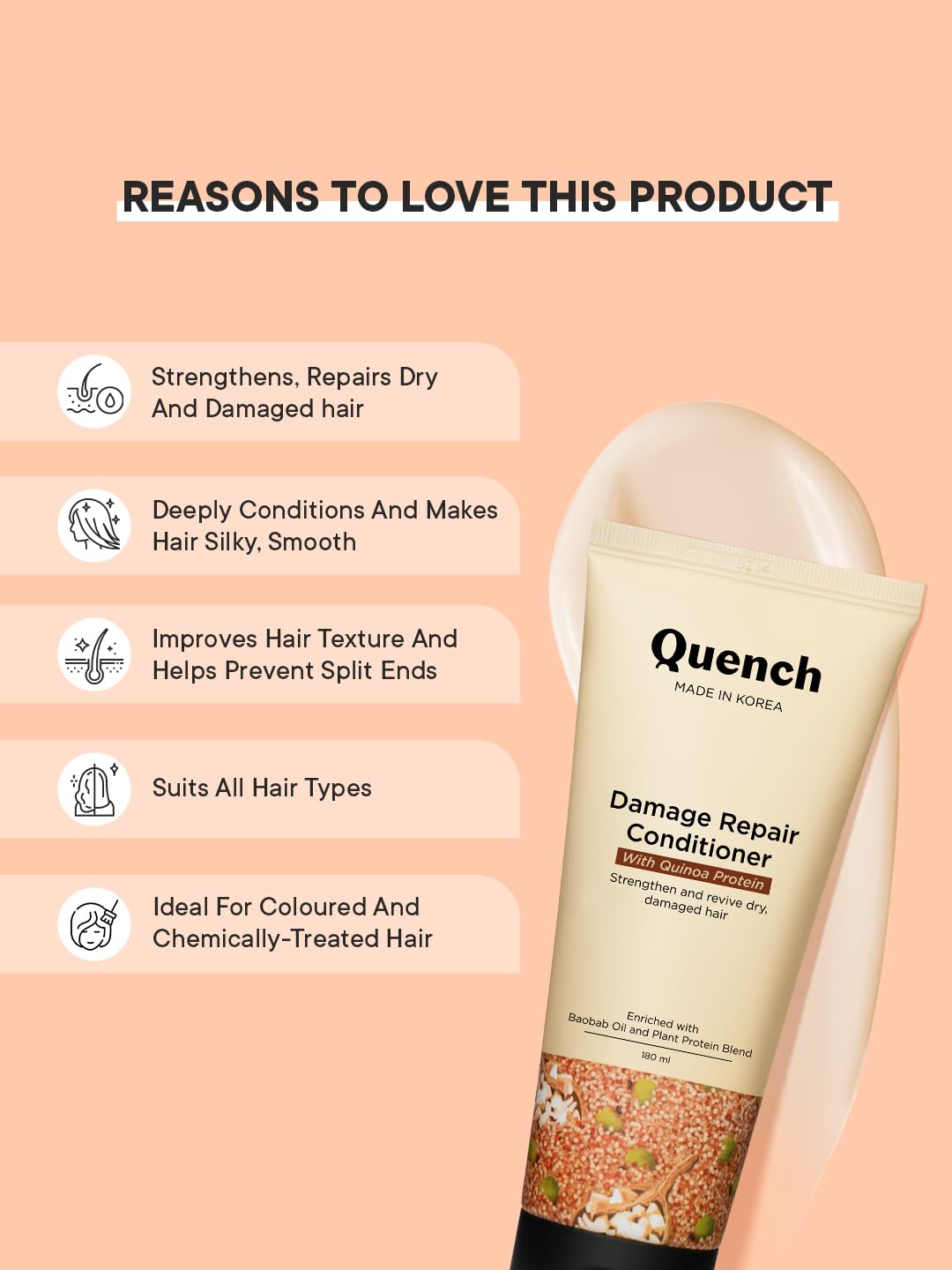 Quench Damage Repair Conditioner with Quinoa Protein & Ceramides for Dry & Damaged Hair | Deeply Conditions & Makes Hair Silky, Smooth | Prevents Split Ends | Made in Korea (180ml)