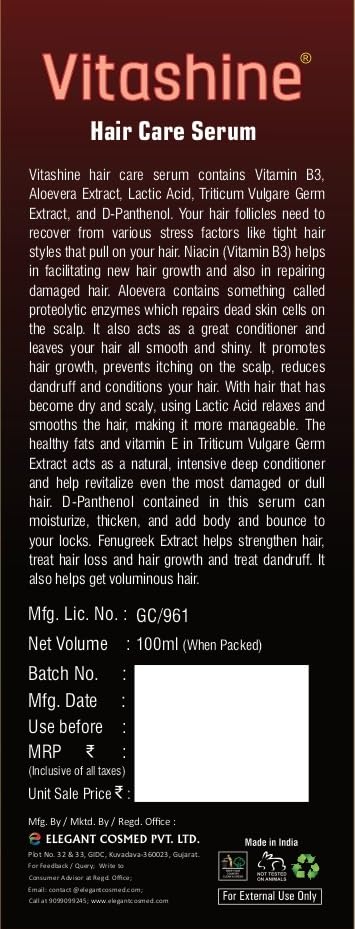 Vitashine Hair Growth Serum 100ml | With Rosemary Oil, Fenugreek, Saw Palmetto Extracts & Vitamin-E