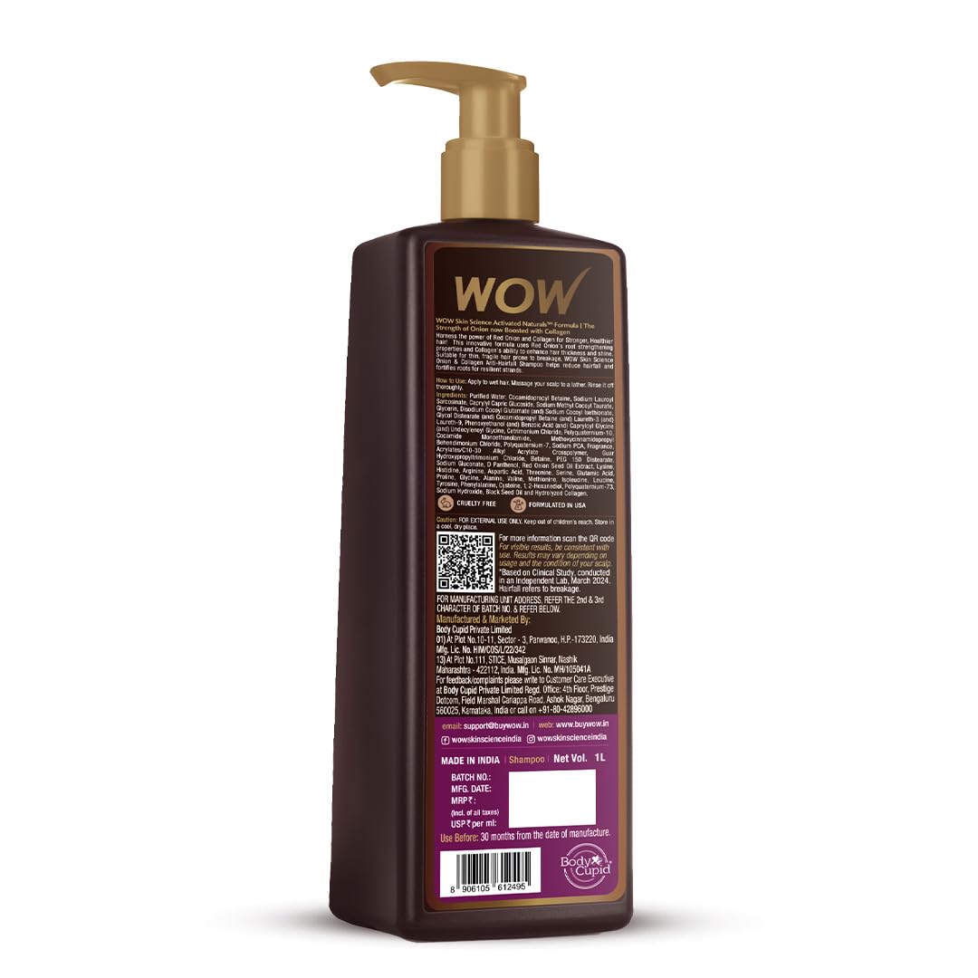 WOW Skin Science Onion Oil Shampoo with Red Onion Seed Oil Extract, Black Seed Oil & Pro-Vitamin B5 | Controls Hair fall | Helps Strengthen Hair | No Sulphate No Paraben | For Men & Women - 1ltr