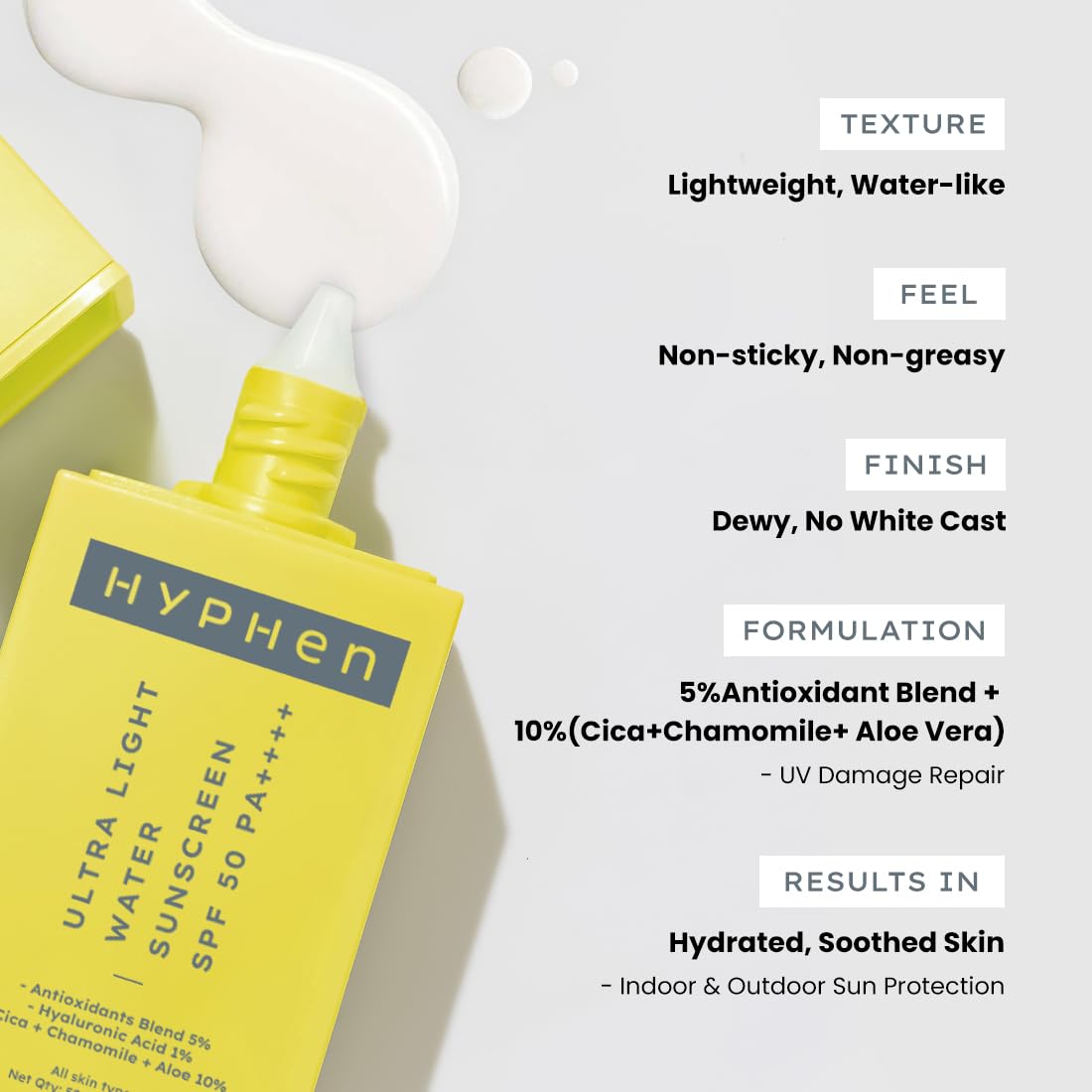 Hyphen Ultra Light Water Sunscreen Spf 50 Pa ++++ Uva-Uvb & Blue Light Protection, No White Cast, Dewy With 5% Antioxidants Niacinamide Vitamin E Blend, For Men & Women, Fragrance Free - 50Ml - All