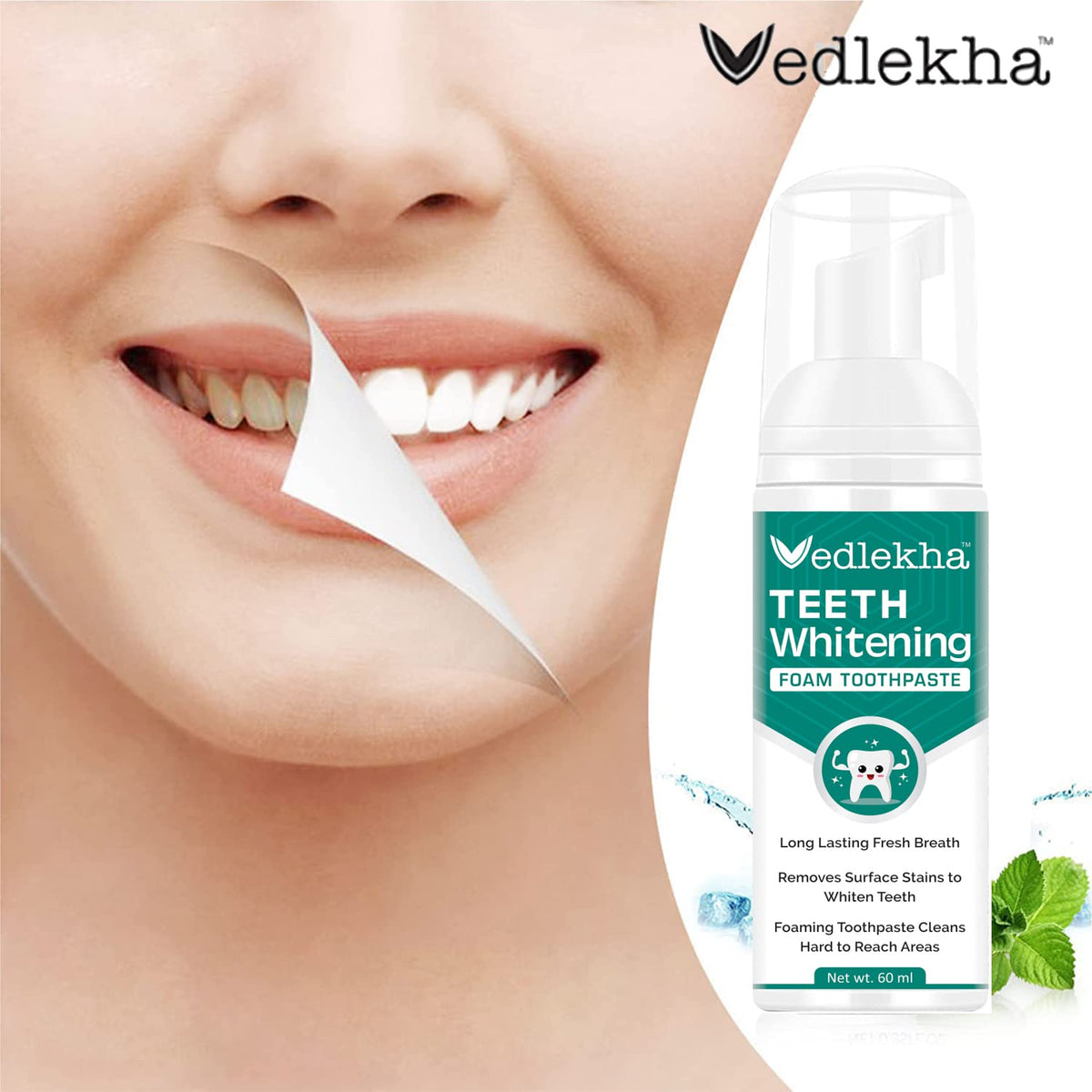 Vedlekha Teeth Cleansing Foam To Remove Yellow Stains Tartar and Tobacco Stains 60 ML