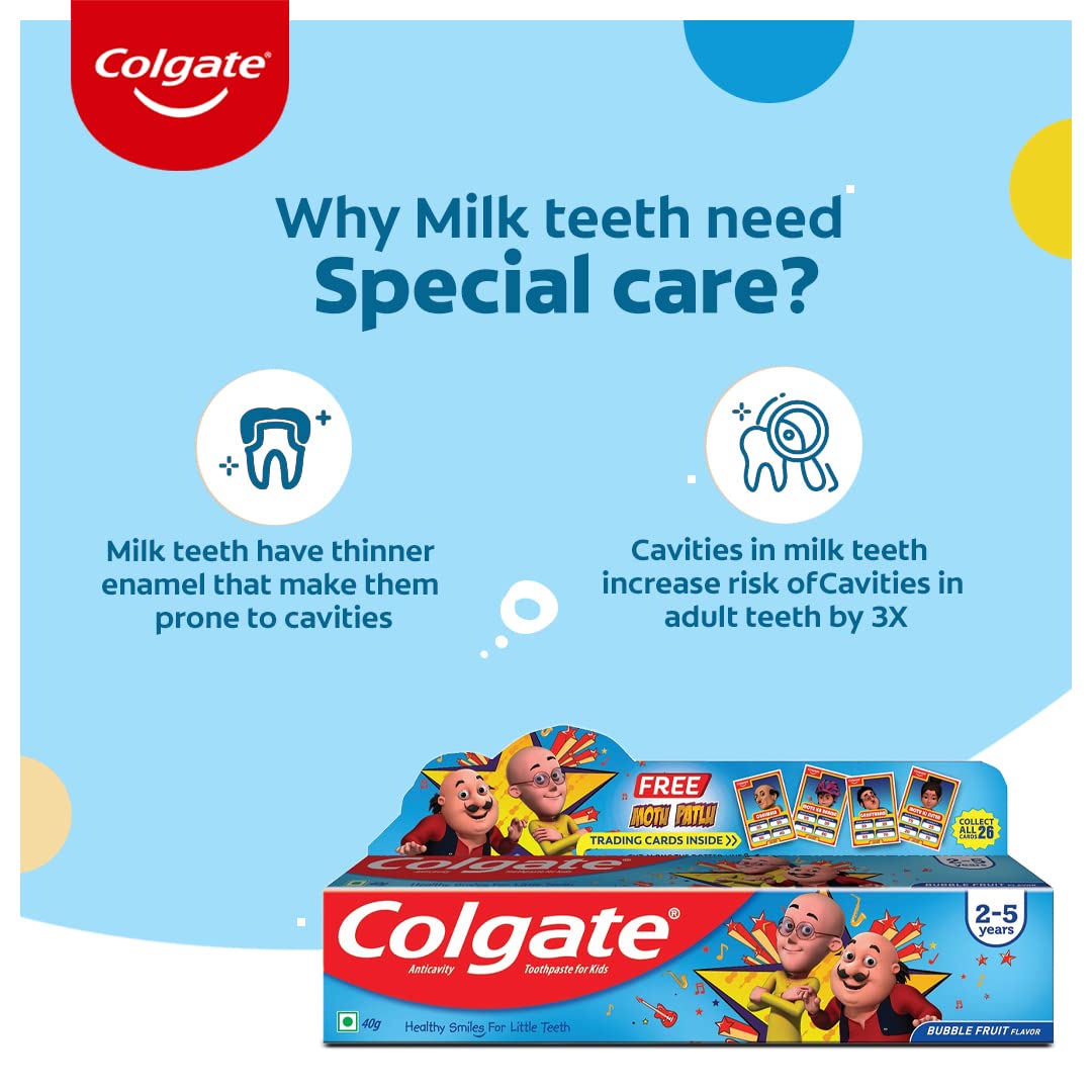 Colgate Kids Toothpaste For 2-5 Years, Motu Patlu, Bubble Fruit Flavour, Gentle Cavity Protection Tooth Paste With 50% Lesser Abrasive Formula For Protecting Against Cavities - 40G