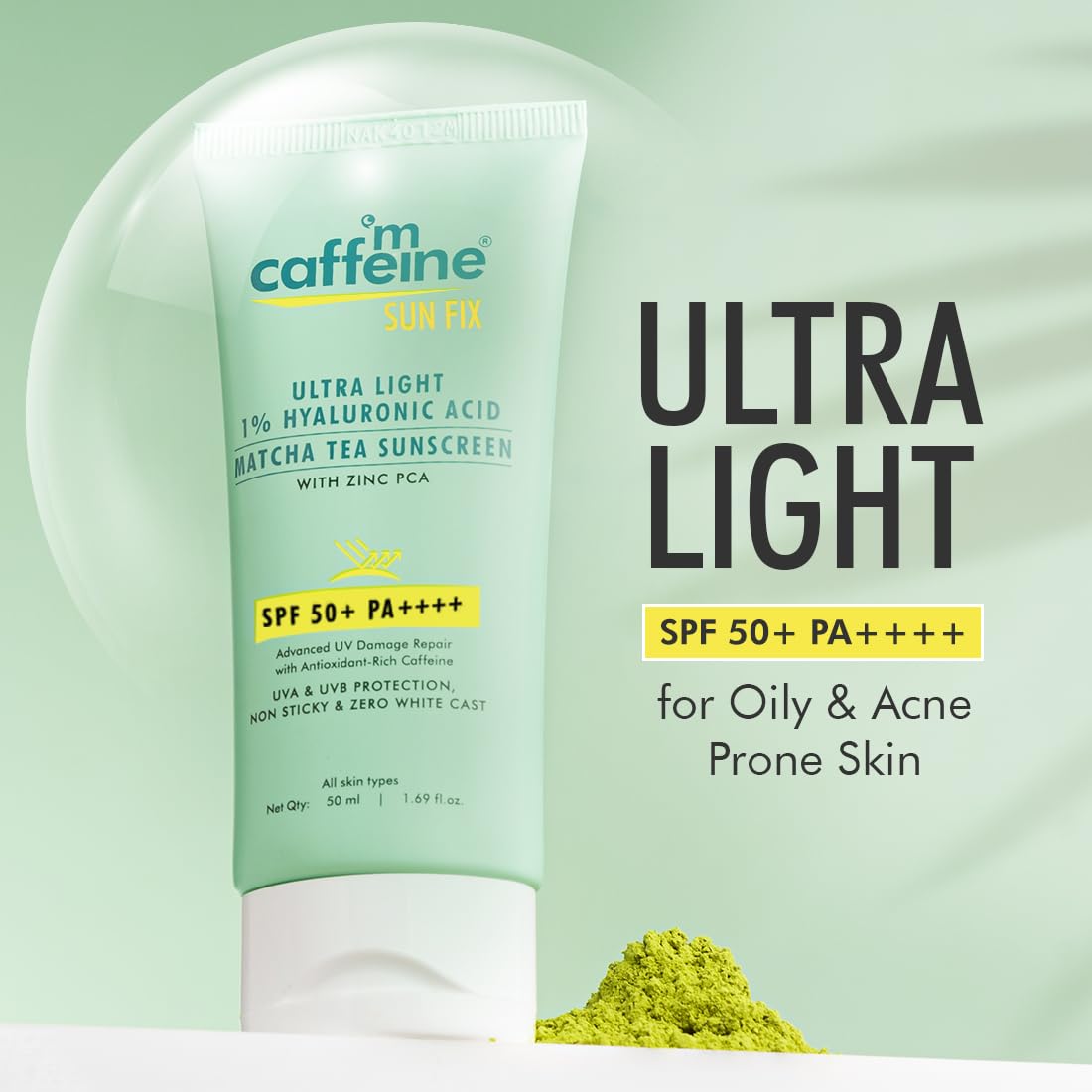 mCaffeine Sun Fix Ultra Light 1% Hyaluronic Acid Matcha Tea Sunscreen SPF 50+ & PA++++ UVA-UVB & Blue Light Protection | No White Cast | Controls Oil | Non-sticky | Fragrance Free - 50ml