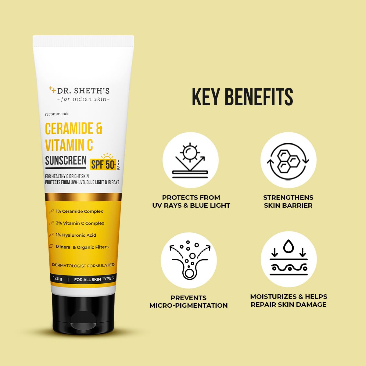 Dr. Sheth’s Ceramide & Vitamin C Sunscreen SPF 50+ PA++++|One-step Routine For Healthy & Bright Skin| NON-STICKY|NO WHITE CASTINon-Greasy, Quick-Absorbing|For Women & Men|UVA UVB Sun Protection|125g