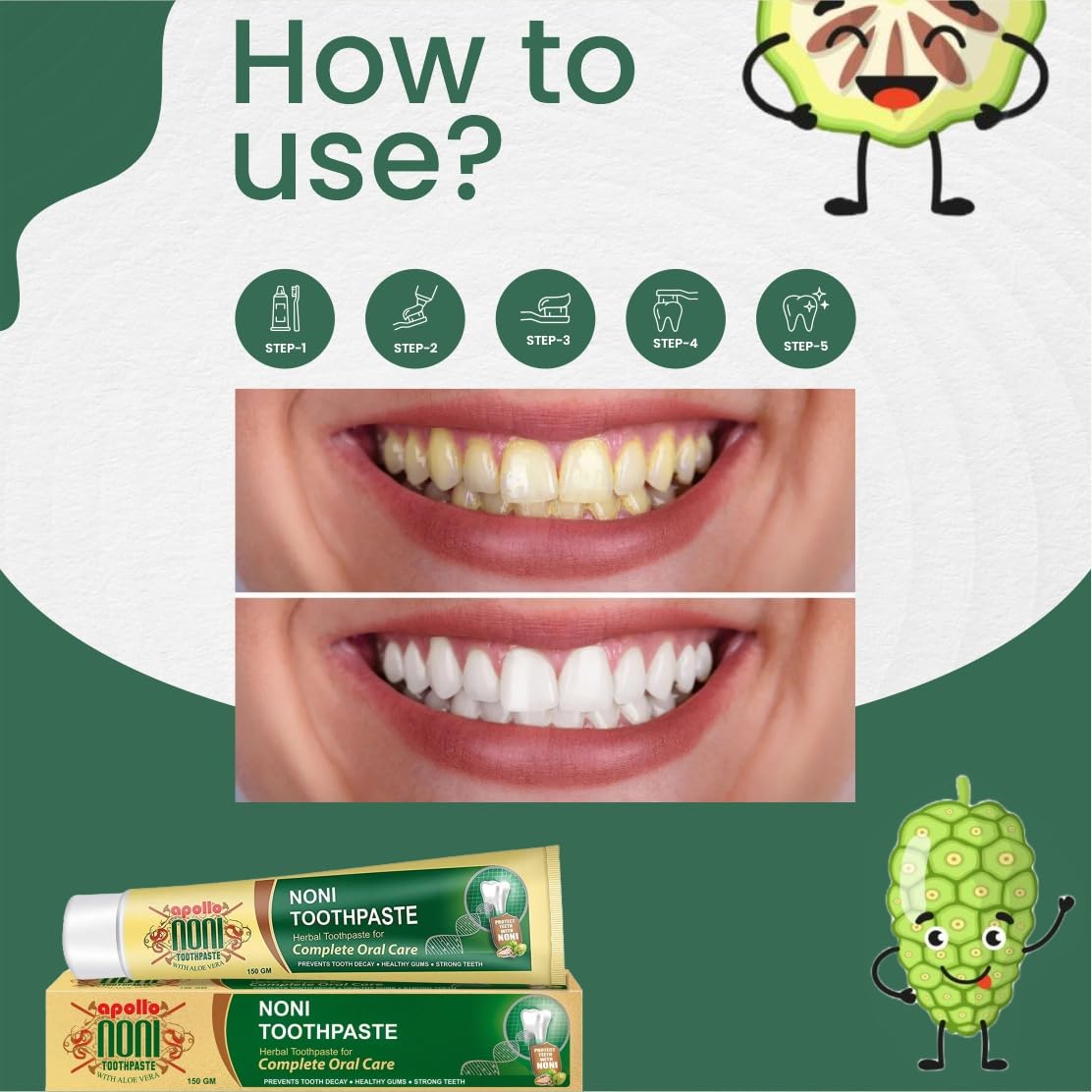 Apollo Noni Fruit Toothpaste for Entire Family, Daily Oral Detox - Protect Enamels, Strengthens Gums, Reduce Plaque | 150gm