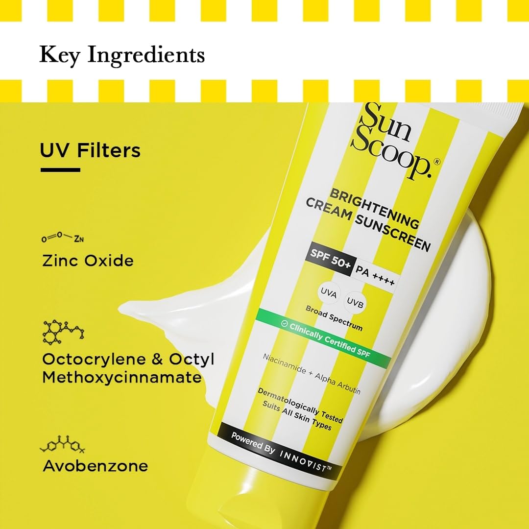 SunScoop Brightening Daily Sunscreen SPF 50 | Zinc Oxide UV Filter for Effective Sun Protection | With Niacinamide + Alpha Arbutin | PA++++, Broad Spectrum, No White Cast | Ideal for All Skin | 45g