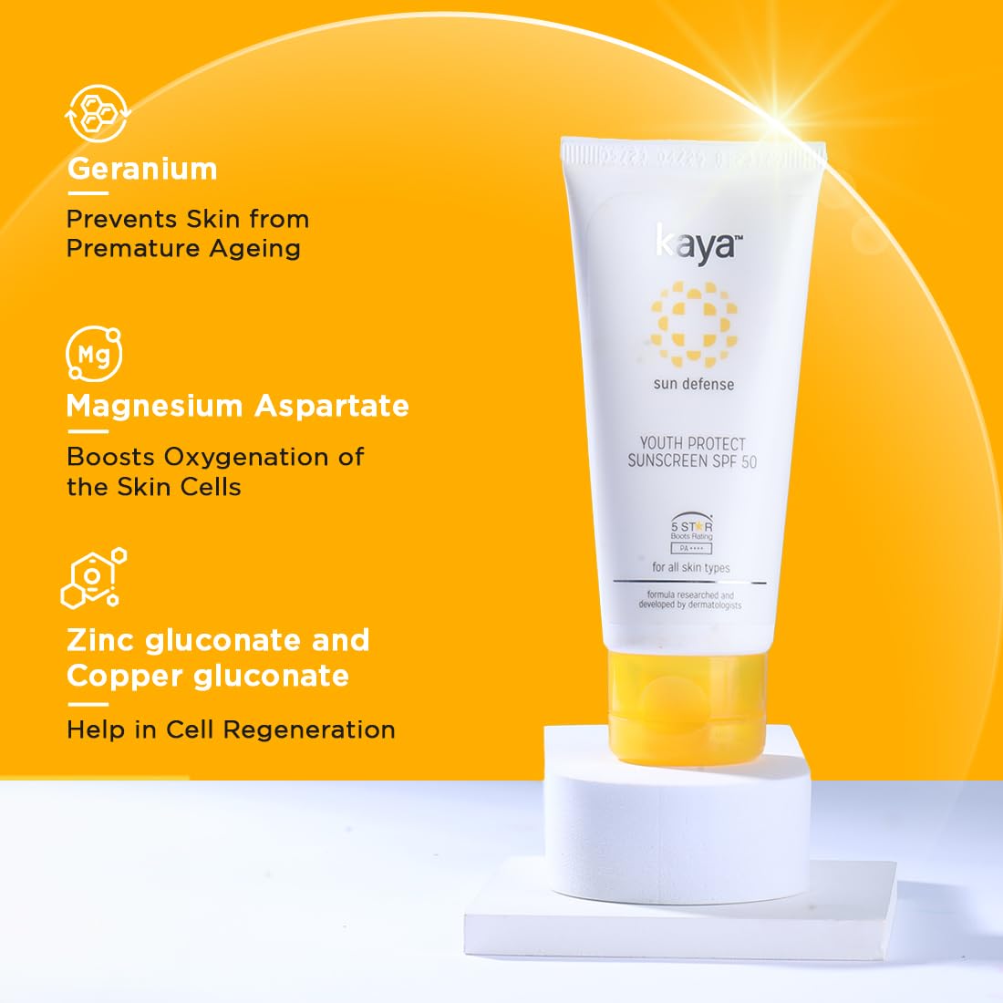 Kaya Clinic Youth Protect Sunscreen Cream SPF 50 PA++++ | UV A & UV B Protection | Lightweight | Non Sticky Sunscreen | PABA Free | All Skin Types, 50ml