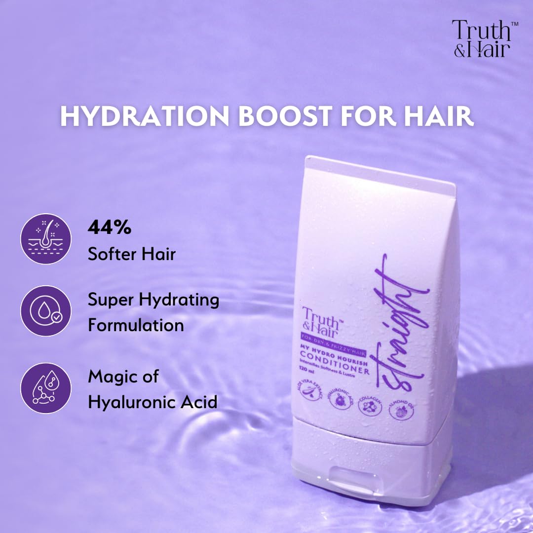 TRUTH & HAIR Hydro Nourish Conditioner for Straight Hair (120ml) | With Aloevera Powder, Hyaluronic Acid, Collagen, Argan & Almond Oil | SLS & Paraben free | Dermat Approved | Improves hair softness