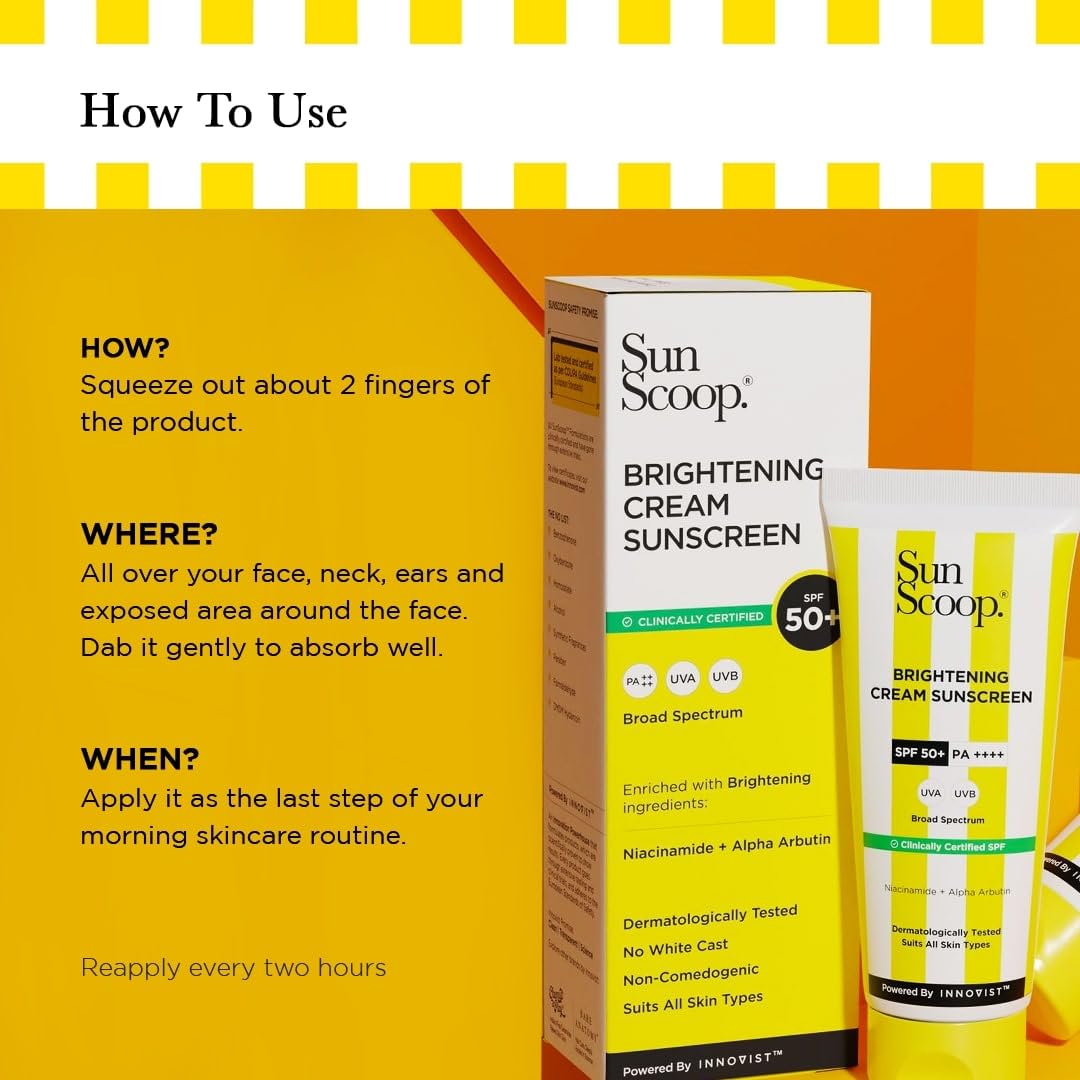 SunScoop Brightening Daily Sunscreen SPF 50 | Zinc Oxide UV Filter for Effective Sun Protection | With Niacinamide + Alpha Arbutin | PA++++, Broad Spectrum, No White Cast | Ideal for All Skin | 45g