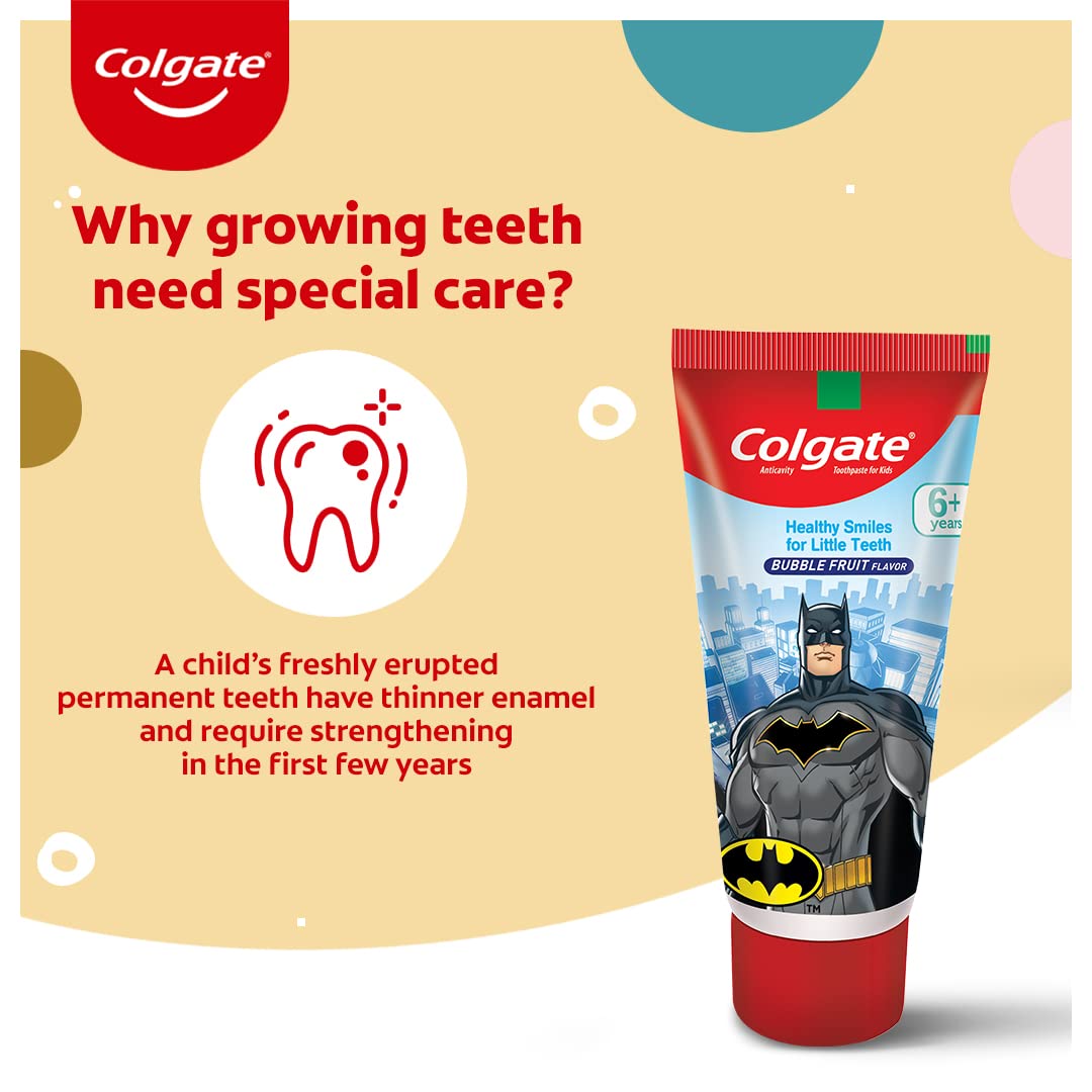 Colgate Kids Toothpaste For 6+ Years, Batman, Bubble Fruit Flavour, Gentle Protection, Enamel Protection Tooth Paste With 50% Lesser Abrasive Formula For Protecting Against Cavities, 80 Gram