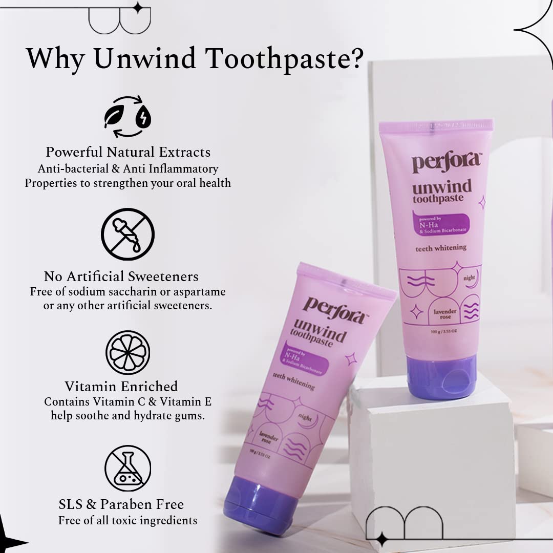 Perfora Unwind Toothpaste | Teeth Whitening & Superior Cleaning | SLS & Fluoride Free Toothpastes | N-Ha For Teeth Remineralisation | Healthy Gums & Complete Dental Care | Lavender Rose | Pack of 1