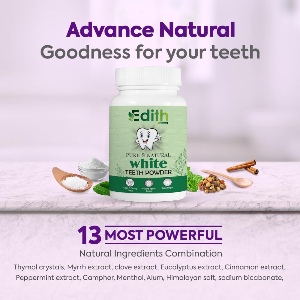 Edith Naturals Teeth Whitening Powder Removes Oldest Stains, Tartar & Plaque | Cavity Protection, Enamel Safe | Natural Mint Formula for Long Lasting Freshness | Men & Women 100g