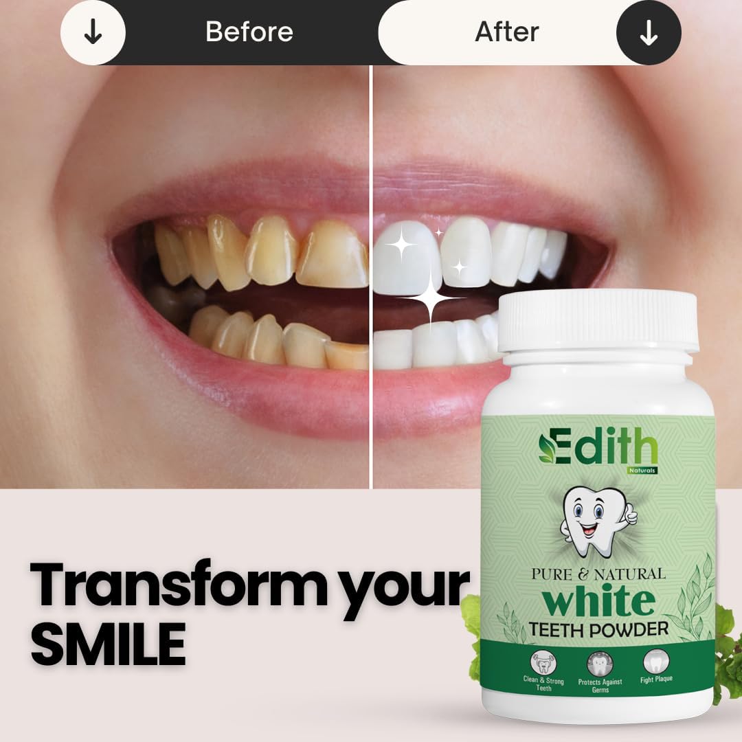 Edith Naturals Teeth Whitening Powder Removes Oldest Stains, Tartar & Plaque | Cavity Protection, Enamel Safe | Natural Mint Formula for Long Lasting Freshness | Men & Women 100g