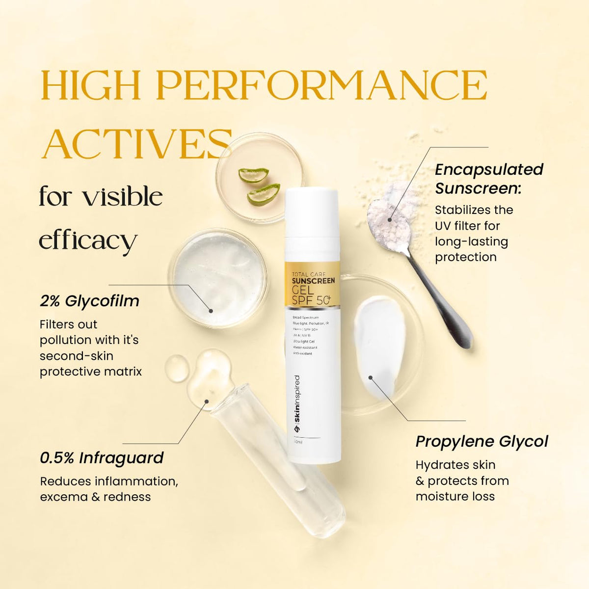 SkinInspired Total Care Gel Sunscreen | SPF 50+ PA+++ | Broad Spectrum | Ultra Light Gel | All Skin Types | For Both Men & Women | Airless Pump - 50 ml