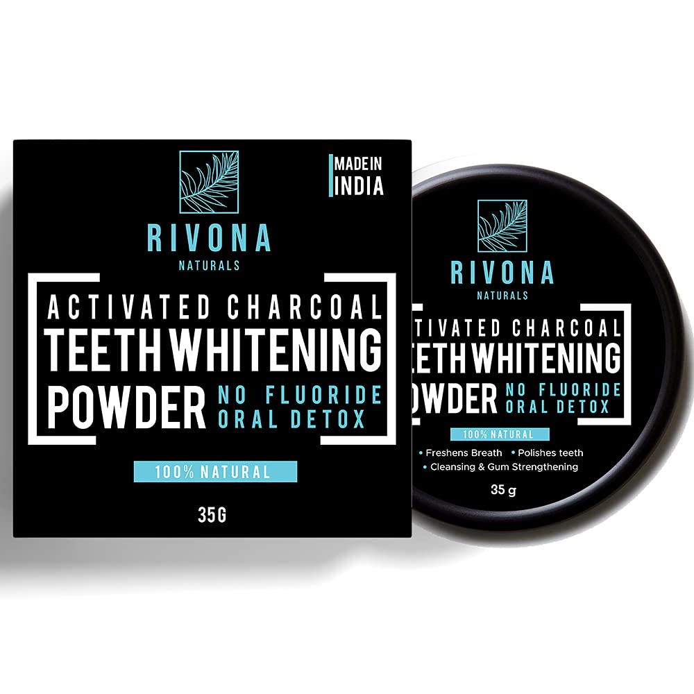 RIVONA NATURALS Activated Charcoal Teeth Whitening Powder - For Enamel Safe Teeth Whitening, Stain Remover, Freshens Breath - With Activated Charcoal, Turmeric & Clove Powder - 35g (Fluoride Free)