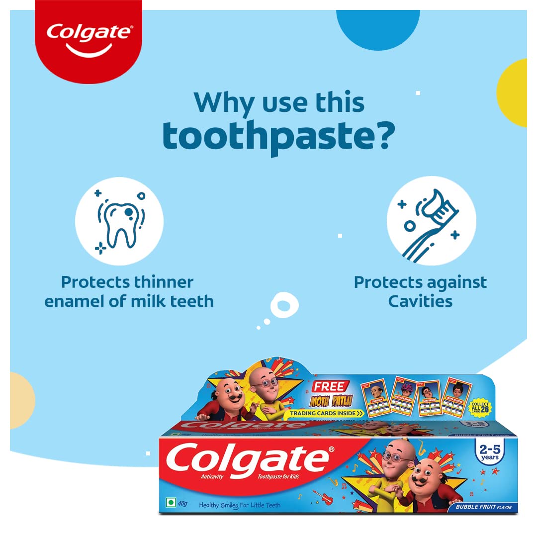 Colgate Kids Toothpaste For 2-5 Years, Motu Patlu, Bubble Fruit Flavour, Gentle Cavity Protection Tooth Paste With 50% Lesser Abrasive Formula For Protecting Against Cavities - 40G