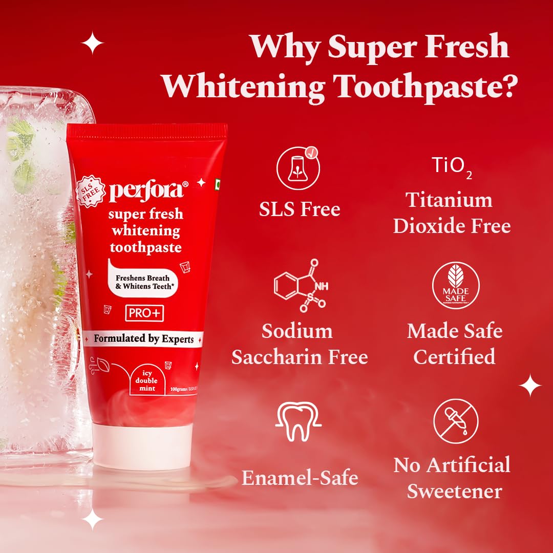 Perfora Super Fresh Toothpaste - 100 gms | Enamel Safe Teeth Whitening Toothpaste for Men & Women | Formulated With ImerCare Perl White | Helps Prevent Bad Breath | SLS Free