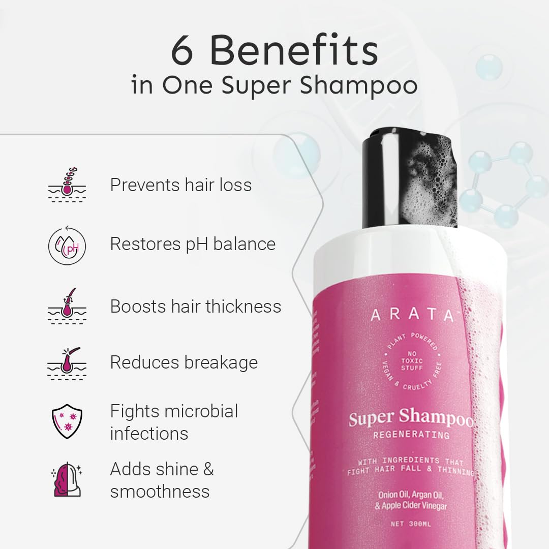 Arata 6-in-1 Super Shampoo | Prevents Hair loss | Restores pH Balance | Boosts Hair Thickness | Reduces Breakage | Fights Microbial Infections | Adds Shine | Shampoo For Women & Men | 300 ml