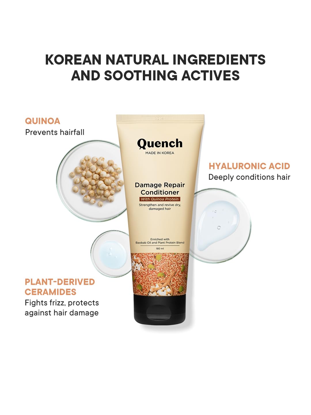 Quench Damage Repair Conditioner with Quinoa Protein & Ceramides for Dry & Damaged Hair | Deeply Conditions & Makes Hair Silky, Smooth | Prevents Split Ends | Made in Korea (180ml)