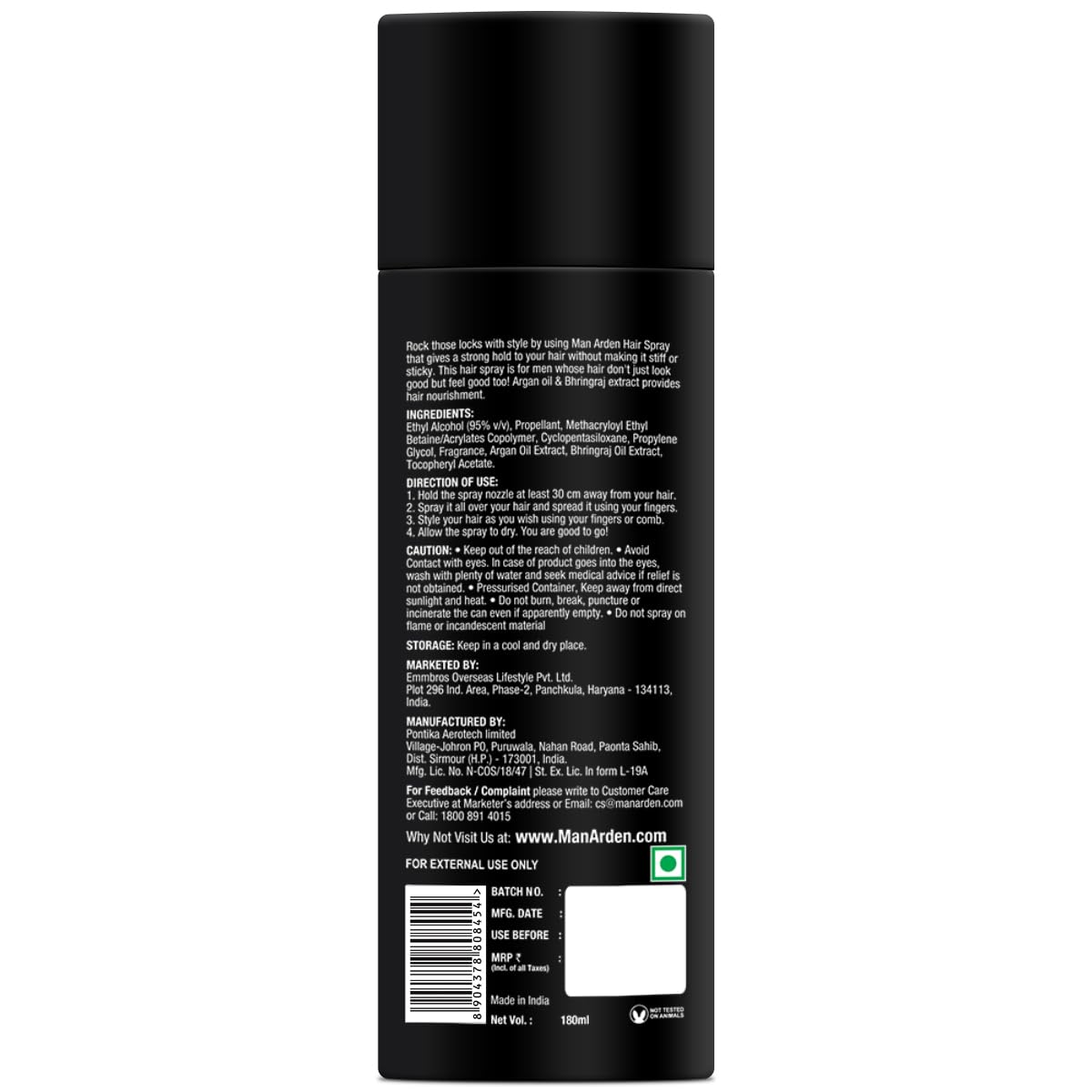 Man Arden Hair Spray - Strong Hold, Styling with Nourishment - Argan Oil and Bhringraj, 180 ml