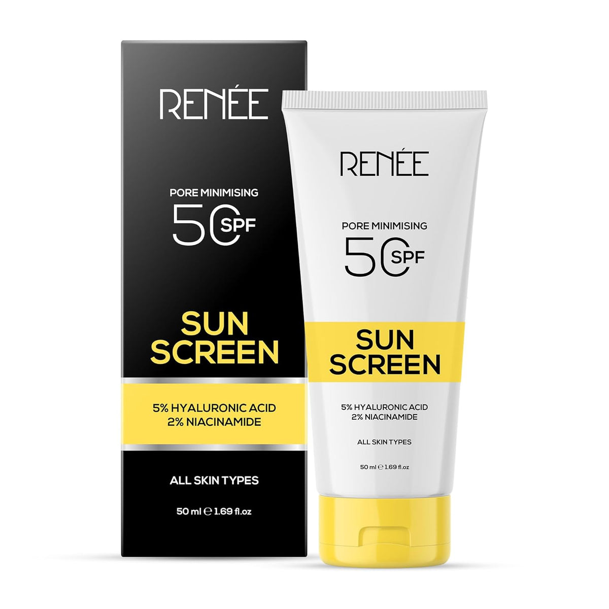 RENEE Pore Minimizing Sunscreen Spf 50 With 5% Hyaluronic Acid & 2% Niacinamide For All Skins, 50Ml