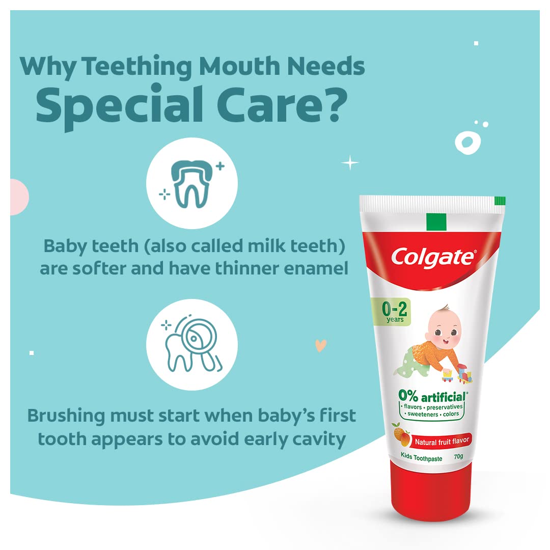 Colgate Toothpaste For Kids Cavity Protection (0-2 Years), Natural Fruit Flavour Tooth Paste, Sls & Fluoride Free - 70G Tube