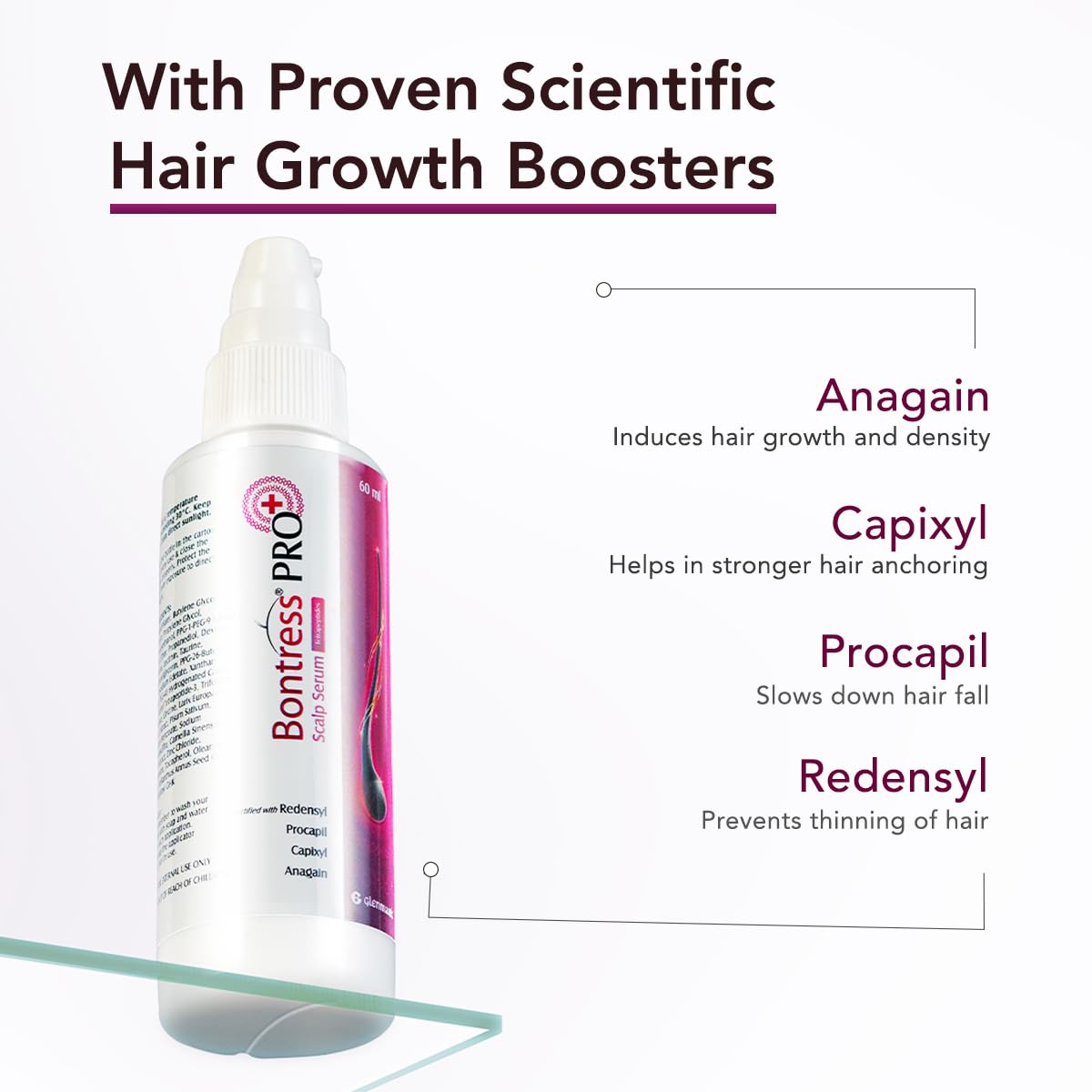 BONTRESS Pro+ Scalp Serum | fortified with Redensyl, Procapil, Capixyl & Anagain| helps reduce hair fall | Hair Growth Serum for both Men & women, 60ml