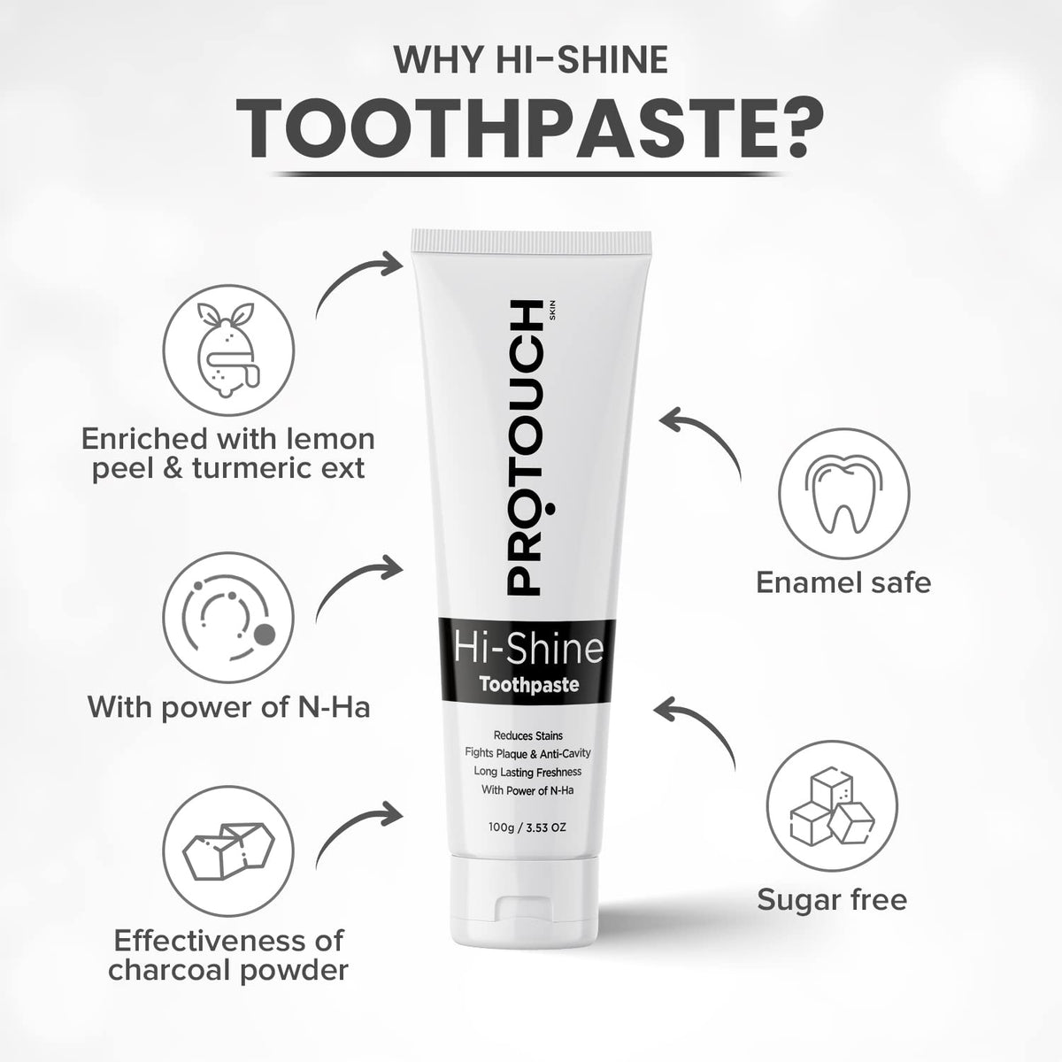 PROTOUCH Hi Shine Toothpaste | Teeth Whitening, Cavity Prevention and Superior Cleaning | With Charcoal | SLS & Fluoride Free Toothpaste with N-HA for teeth remineralization & Active Cleaning