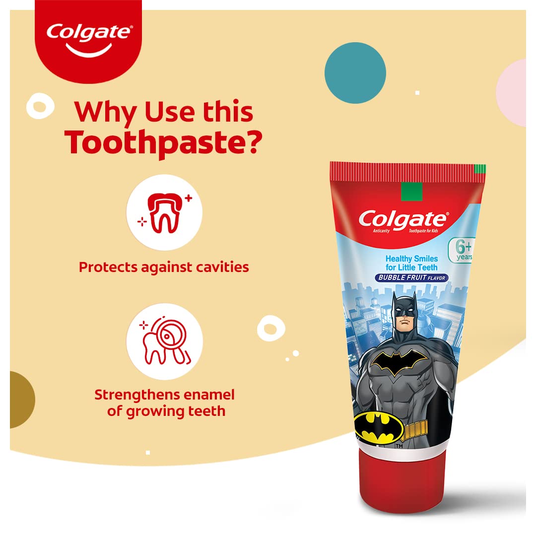 Colgate Kids Toothpaste For 6+ Years, Batman, Bubble Fruit Flavour, Gentle Protection, Enamel Protection Tooth Paste With 50% Lesser Abrasive Formula For Protecting Against Cavities, 80 Gram