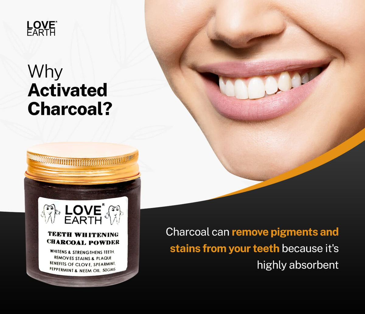 Love Earth Charcoal Teeth Whitening Powder For Teeth Whitening, Removes Plaque And Freshens Breath With Peppermint & Neem Oil 50gm