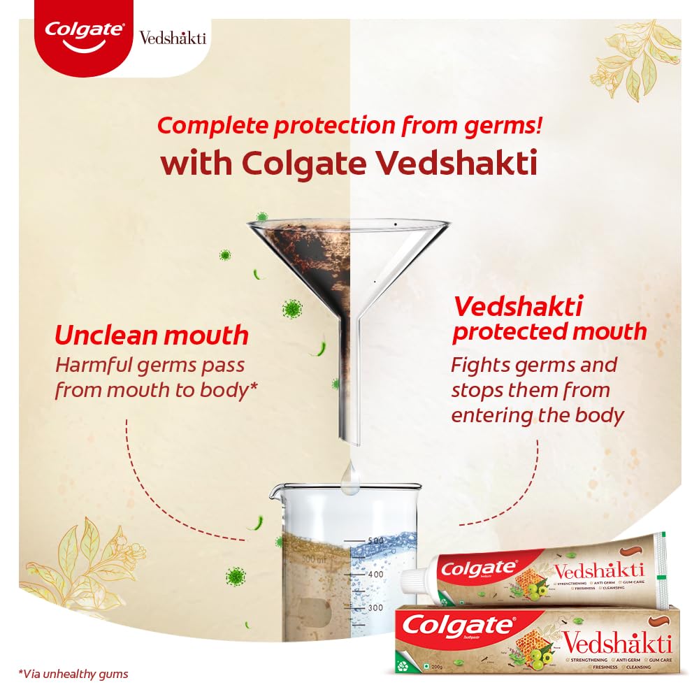 Colgate Vedshakti Toothpaste, Anti-Bacterial Tooth Paste for Whole Mouth Health and Fresh Breath, With Neem, Clove, and Honey, 400g, 200g X 2 (Combo Pack Offer)