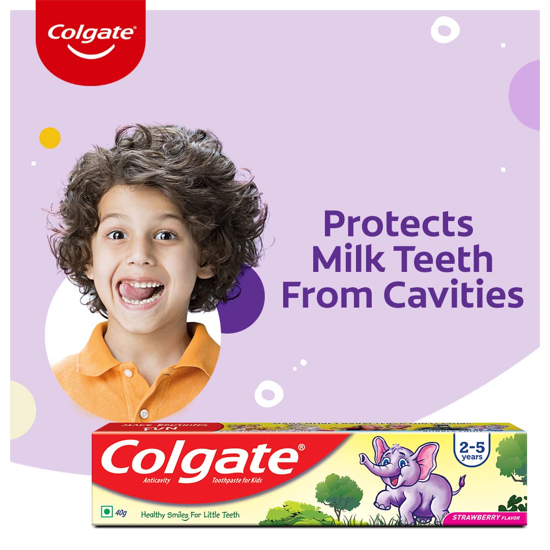 Colgate Kids Toothpaste For 2-5 Years, Strawberry Flavour, Gentle Protection, Prevents Cavities Tooth Paste With 50% Lesser Abrasive Formula For Protecting Against Cavities - 40 Gram