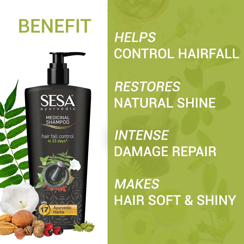 Sesa Ayurvedic Medicinal Shampoo Hairfall Control Anti Dandruff Shampoo Infused with 17 Ayurvedic Herbs Smooth & Shiny Hair For Men & Women (500 ml)